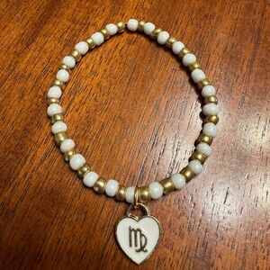 Gold and White Beaded Bracelet with Virgo zodiac Heart Charm